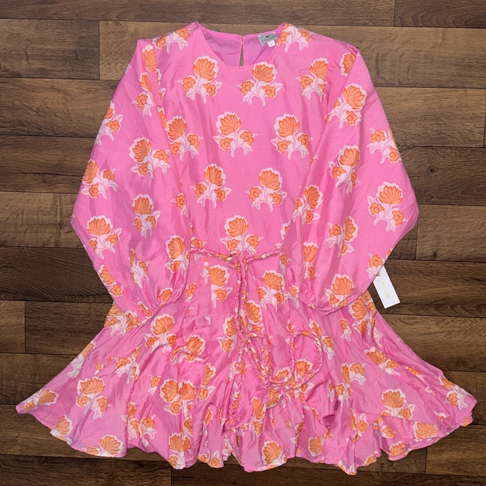 J. Marie Size Medium Poppy Floral Print NWT Dainty Puff Long Sleeve Belted Dress